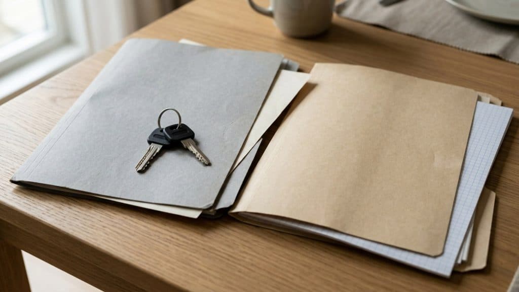 Dos llaves metálicas con cabezales negros sobre una carpeta gris, junto a una carpeta de papel kraft y varias hojas en una mesa de madera.