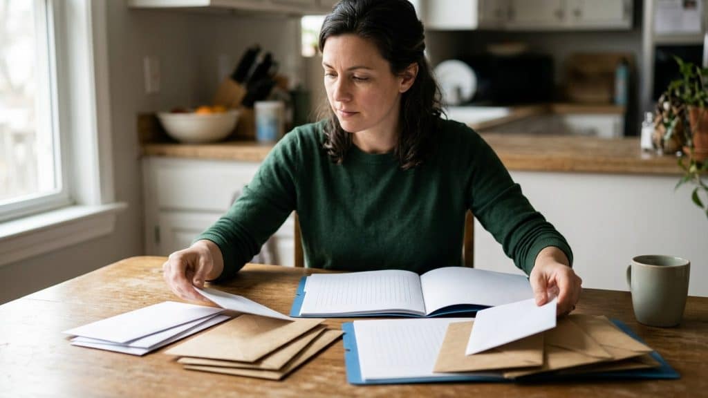 Mujer con jersey verde sostiene dos hojas blancas entre sobres y carpetas azules sobre una mesa de cocina.