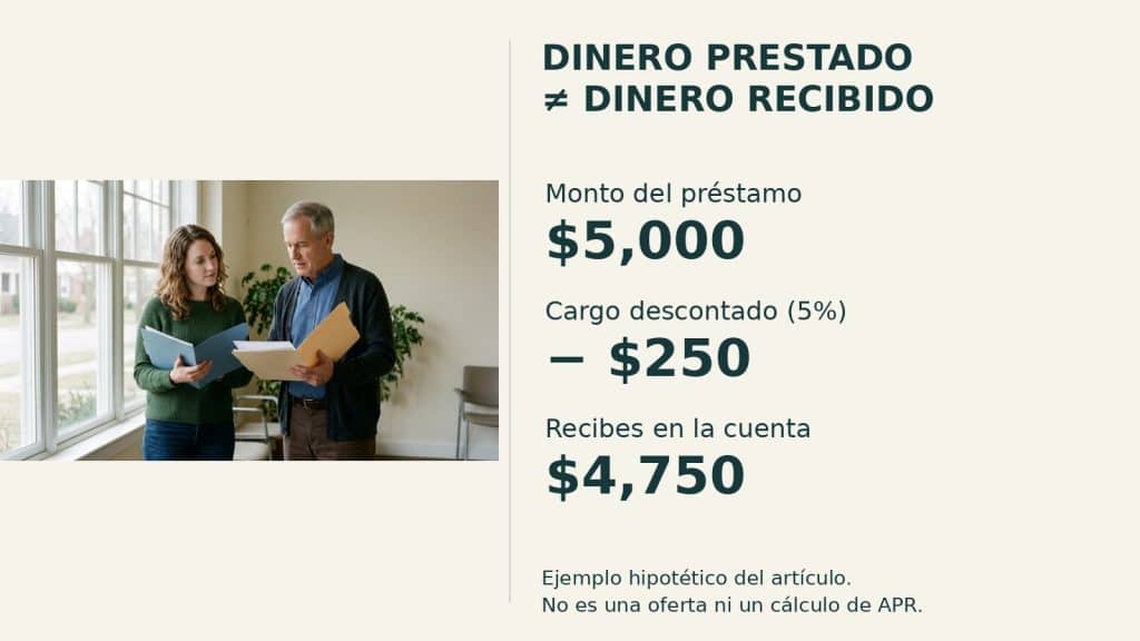 Foto ilustrativa de dos personas con carpetas junto a un ejemplo: préstamo de $5,000, cargo de $250 y desembolso de $4,750.
