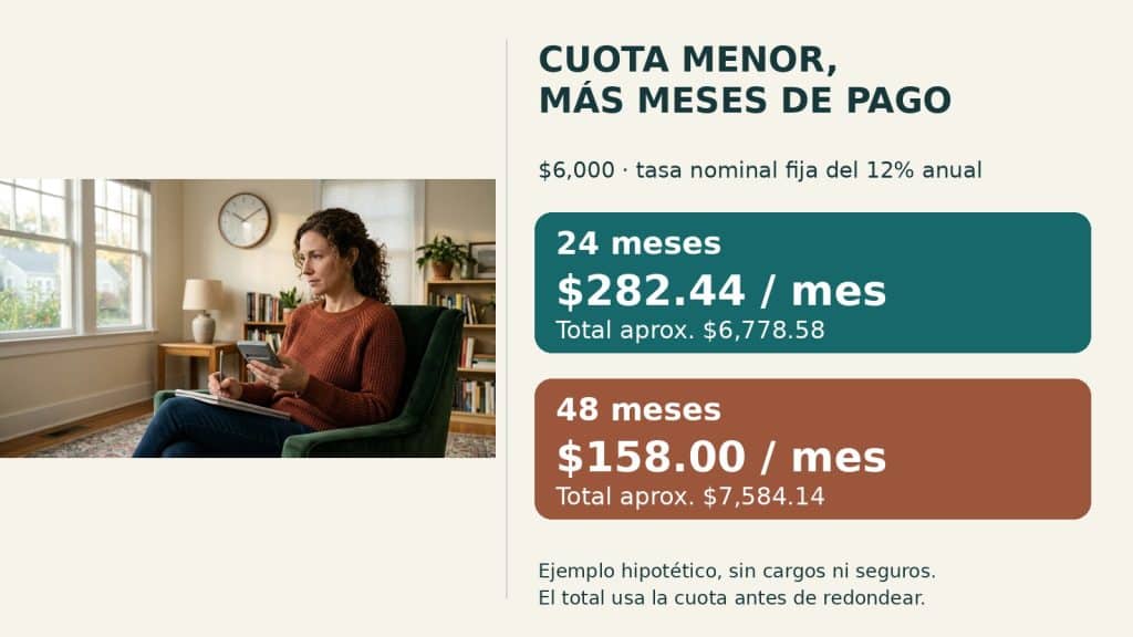 Foto ilustrativa de una mujer calculando junto a un ejemplo de préstamo de $6,000: 24 meses, $282.44 al mes; 48 meses, $158.00 al mes.