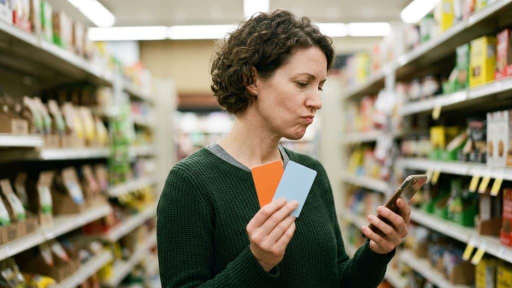 Una mujer mira un teléfono móvil mientras sostiene dos tarjetas lisas, una naranja y otra azul claro, en el pasillo de una tienda.