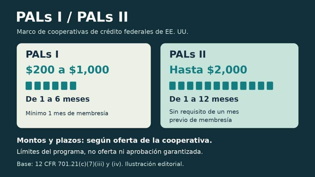 Comparación de PALs I y PALs II en cooperativas de crédito federales de Estados Unidos. PALs I: $200 a $1,000, de 1 a 6 meses y mínimo de un mes de membresía. PALs II: hasta $2,000, de 1 a 12 meses y sin requisito de un mes previo de membresía. Montos y plazos según oferta de la cooperativa; sin aprobación garantizada.